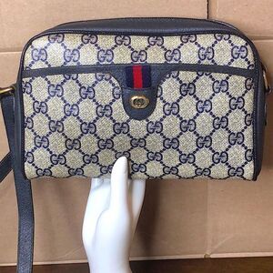 GUCCI GG Ophidia Sherry Line Navy Leather Grey Canvas Crossbody Bag Vintage